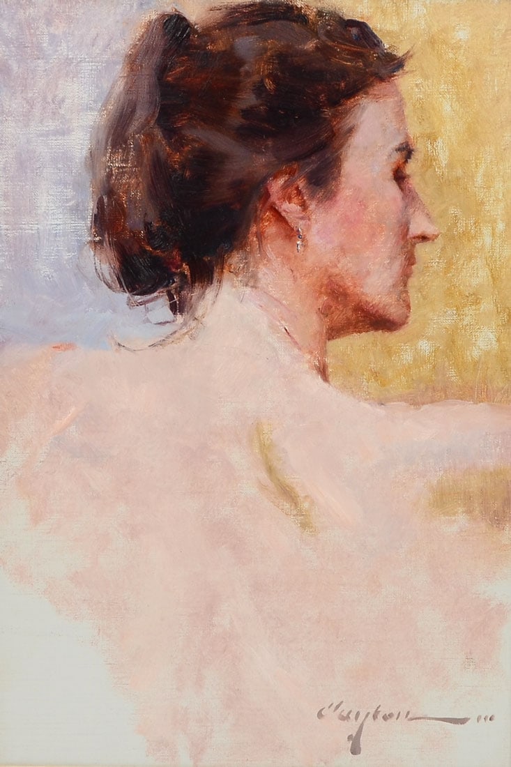 CLAYTON J. BECK III WOMAN'S BACK PAINTING: BECK, Clayton J. III, (American, b. 1964): "Woman's Back", Back Profile, Oil/Canvas, sight size is 16" x 11", signed lower right, gallery label affixed verso with price tag of $2500, silver gilt frame