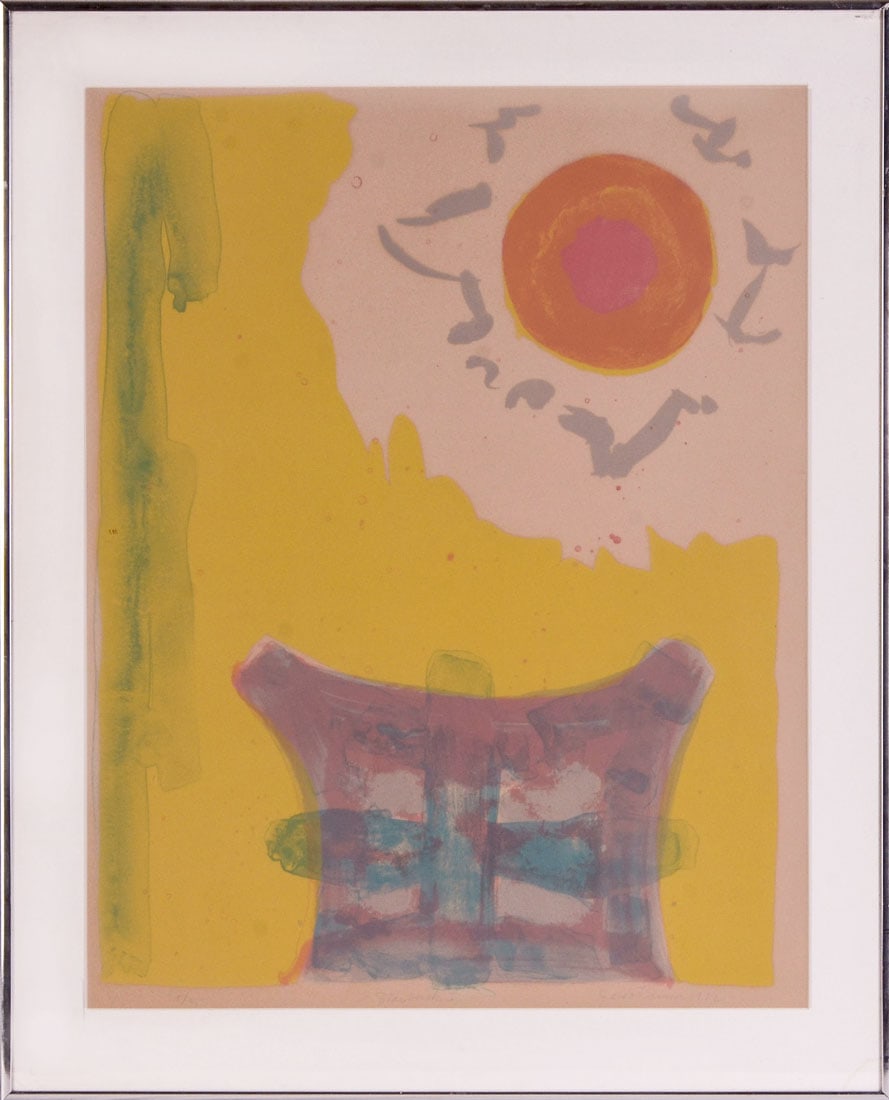 JACOB KAINEN "STARBUCK I" LITHOGRAPH: KAINEN, Jacob, (American, 1909-2001): "Starbuck I", Abstract Composition with Red Sun, Lithograph, sight size is 26" x 20", pencil signed lower right, numbered 5/35 lower left and titled, metal frame,