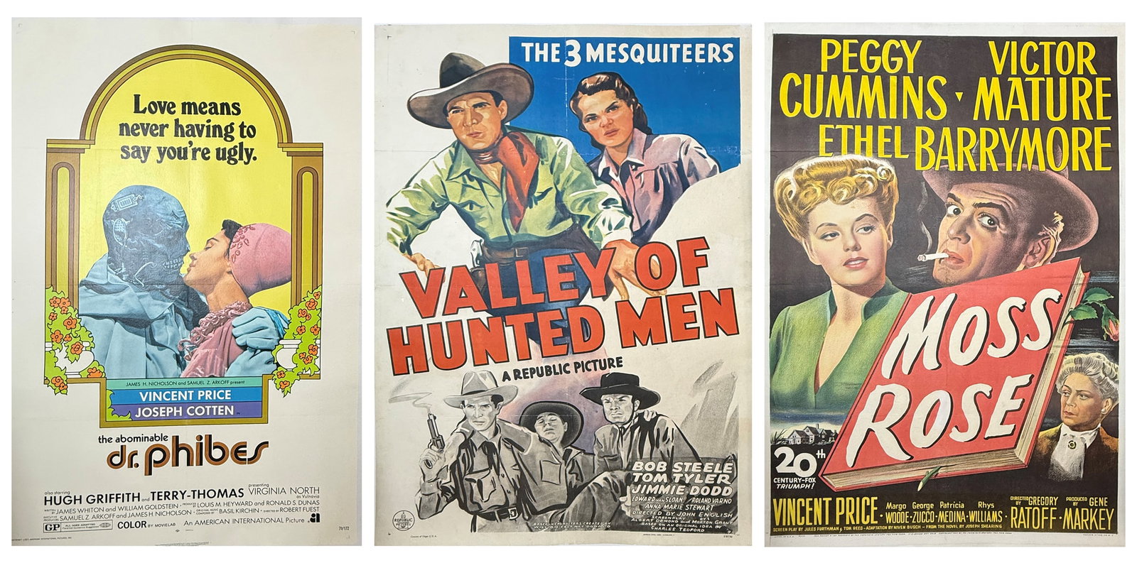 3PC. CANVAS-BACKED MOVIE POSTER LOT: 3PC. CANVAS-BACKED MOVIE POSTER LOT: Three 20th Century film posters, all with canvas backing and ready for framing. To include: 1) "The Abominable Dr. Phibes", 1971, starring Vincent Price and Joseph