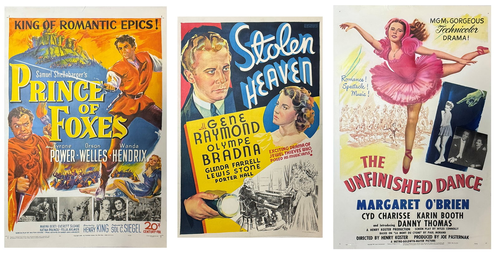 3PC. CANVAS-BACKED MOVIE POSTER LOT: 3PC. CANVAS-BACKED MOVIE POSTER LOT: Three 20th Century film posters, all with canvas backing and ready for framing. To include: 1) "Prince of Foxes", 1949, starring Tyrone Power and Orson Welles, 42.