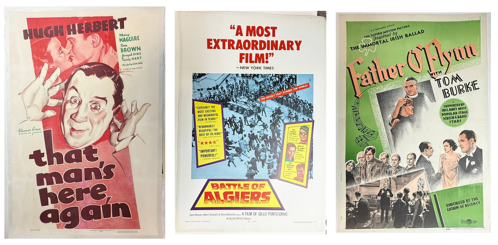3PC. CANVAS-BACKED MOVIE POSTER LOT: 3PC. CANVAS-BACKED MOVIE POSTER LOT: Three 20th Century film posters, all with canvas backing and ready for framing. To include: 1) "That Man's Here Again", 1937, starring Hugh Herbert and Mary Maguir