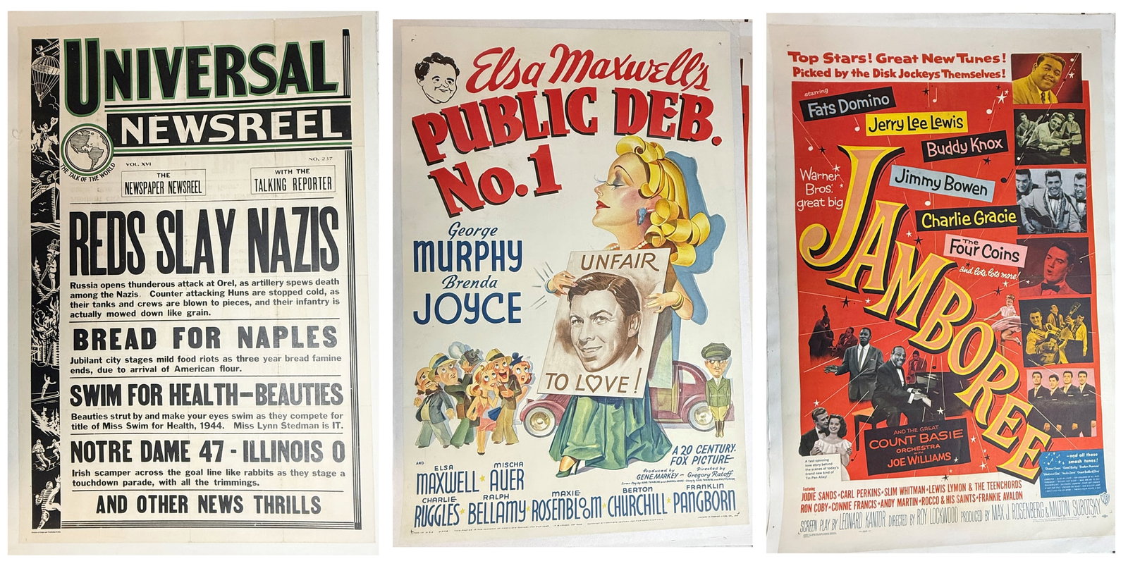 3PC. CANVAS-BACKED MOVIE POSTER LOT: 3PC. CANVAS-BACKED MOVIE POSTER LOT: Three 20th Century film posters, all with canvas backing and ready for framing. To include: 1) World War II Universal Newsreel, 42.5" x 29.25"; 2) "Public Deb No.