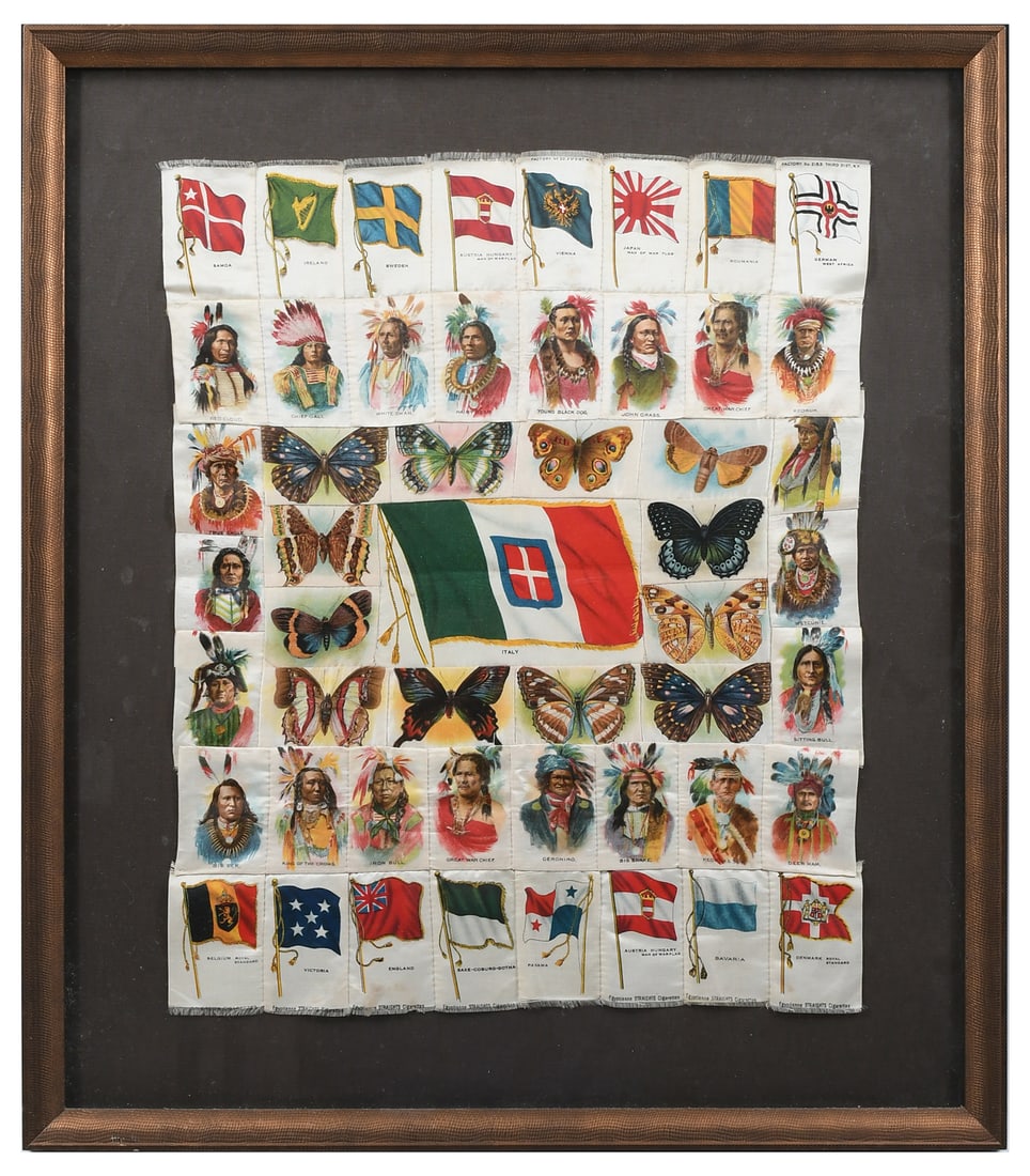 FRAMED CIGARETTE FLAG, INDIAN, & BUTTERFLY SILKS (1 of 6)