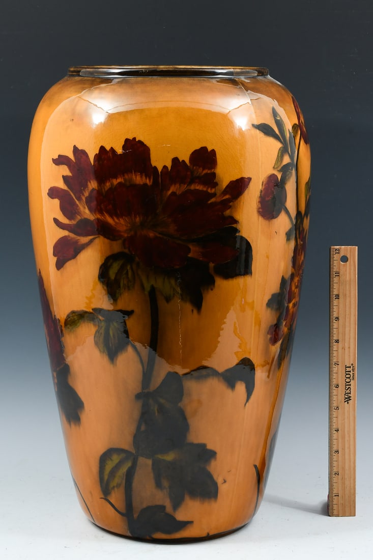 MONUMENTAL GEORGE JONES MADRAS WARE MAJOLICA VASE: MONUMENTAL GEORGE JONES MADRAS WARE MAJOLICA VASE: English Madras Ware vase, c. 1890, yellow ground with deep red peonies, marked underside "Madras Ware England" above monogram crescent mark for Georg