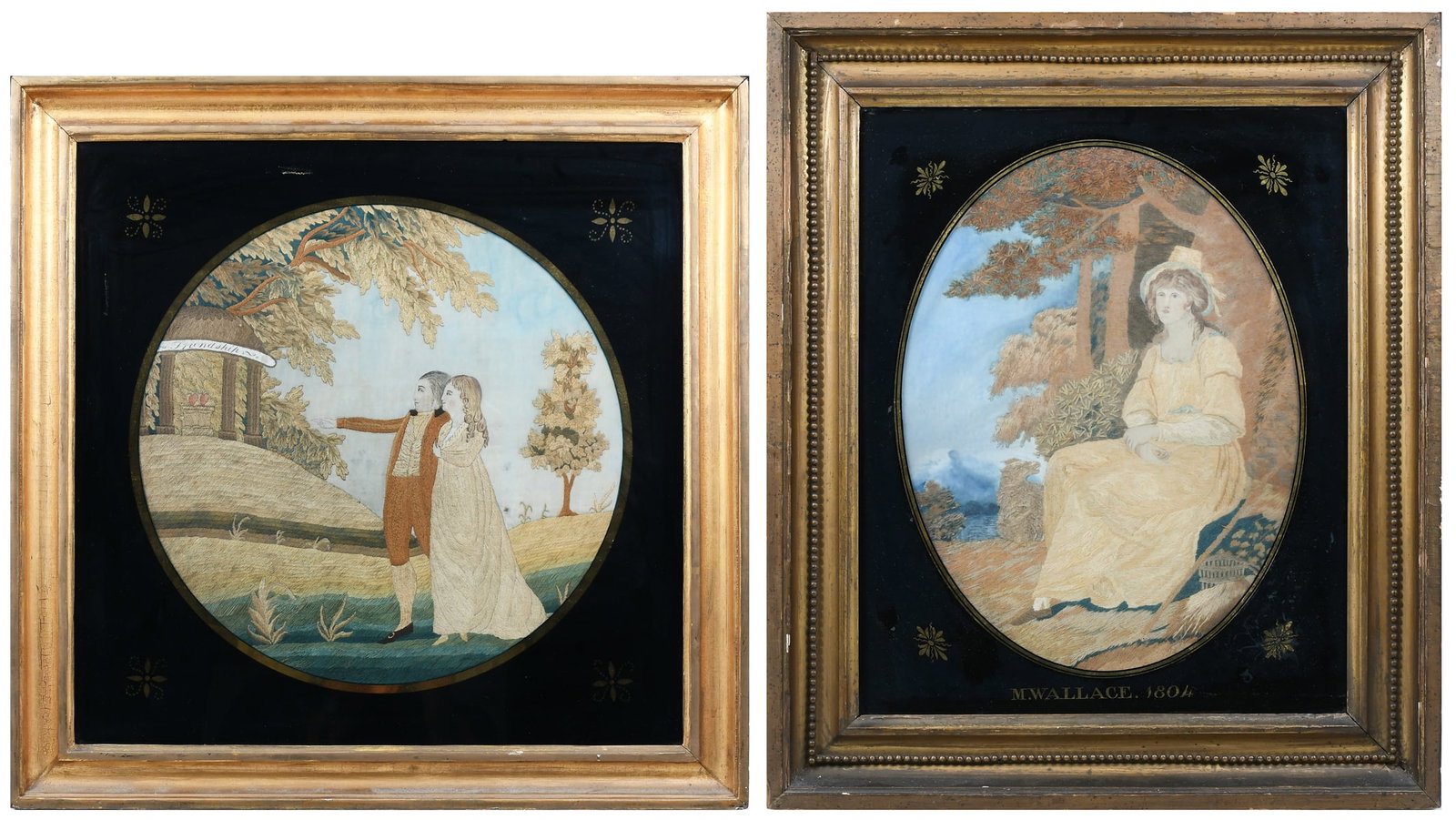2PC. EARLY 19TH-CENTURY M. WALLACE SILK NEEDLEPOINT PORTRAITS (1 of 6)