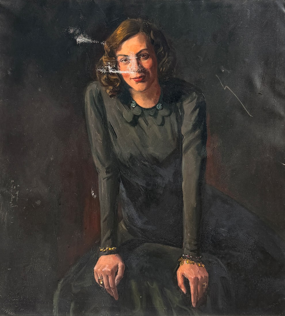 LARGE PORTRAIT LISELOTTE VON SCHWARZBEK: LARGE PORTRAIT OF LISELOTTE VON SCHWARZBEK: A large portrait of Liselotte von Schwarzbek was done by an artist in Berlin soon after WWII according to her second husband Count de Busey. Oil/Canvas, 43.