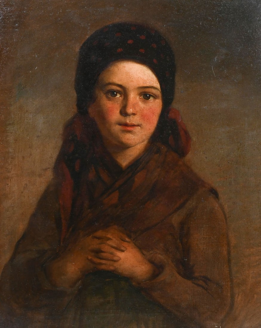 PORTRAIT PAINTING OF A YOUNG PEASANT GIRL: PORTRAIT PAINTING OF A YOUNG PEASANT GIRL: Oil/Wood Panel, 22.875" x 18.125", no visible signature, gilded frame, 26.5" x 22.625". Provenance: Estate of Baroness Lizelotte Von Schwarzbek of Austria.