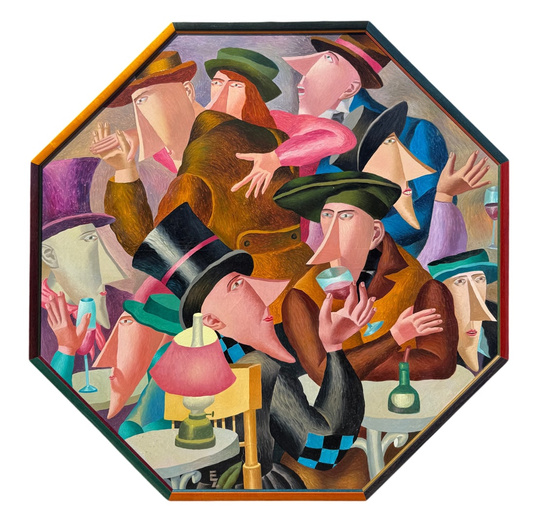 ELENA ZOLOTNITSKY OCTAGONAL PAINTING: ZOLOTNITSKY, Elena, (Russian, b. 1961): "Bohemia - 2", Acrylic/Canvas, measures an octagonal 43" x 43" overall in a thin-edge custom frame, signed/titled/dated '94 verso.