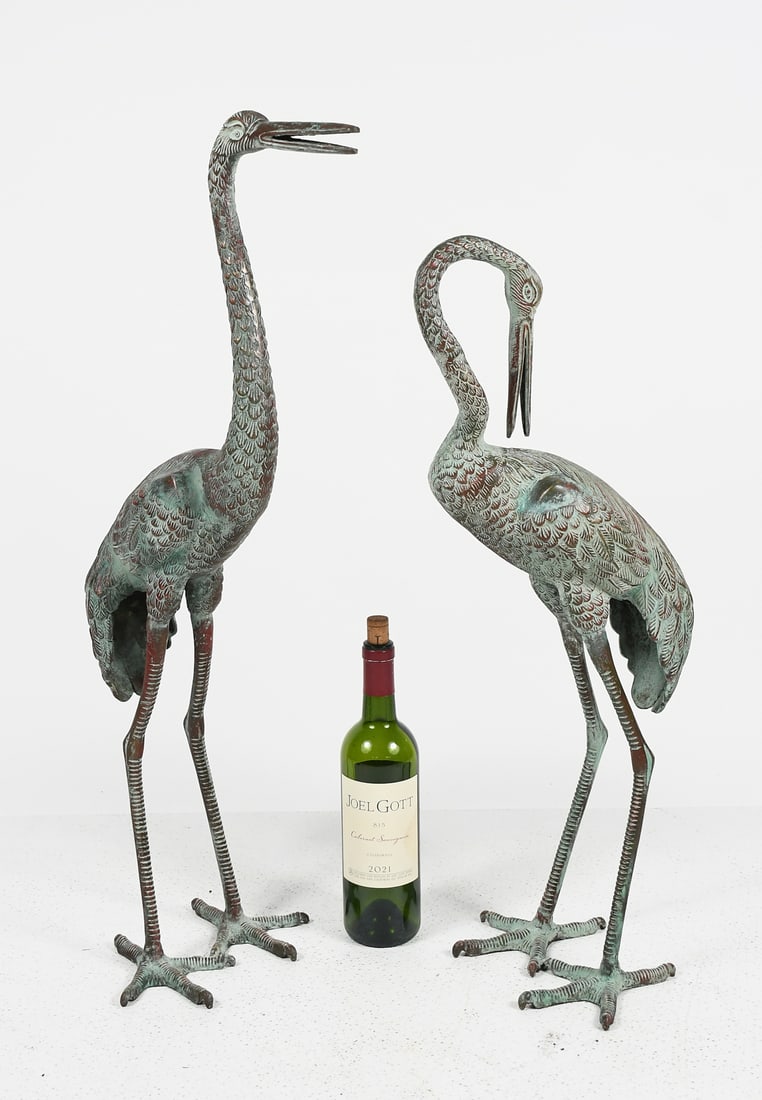 TWO CAST BRONZE CRANE GARDEN SCULPTURES (1 of 1)