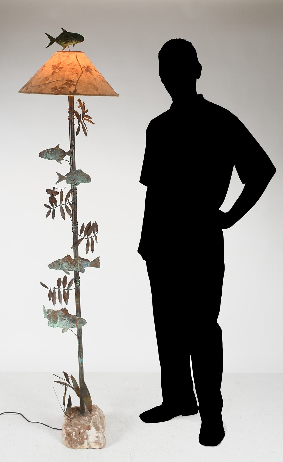 LEE & SHARON JONES FLOOR LAMP: LEE & SHARON JONES FLOOR LAMP: Tall metal rod lamp with affixed sculpted metal fish and plants. Quartz chunk base. Measures 72" in height overall.