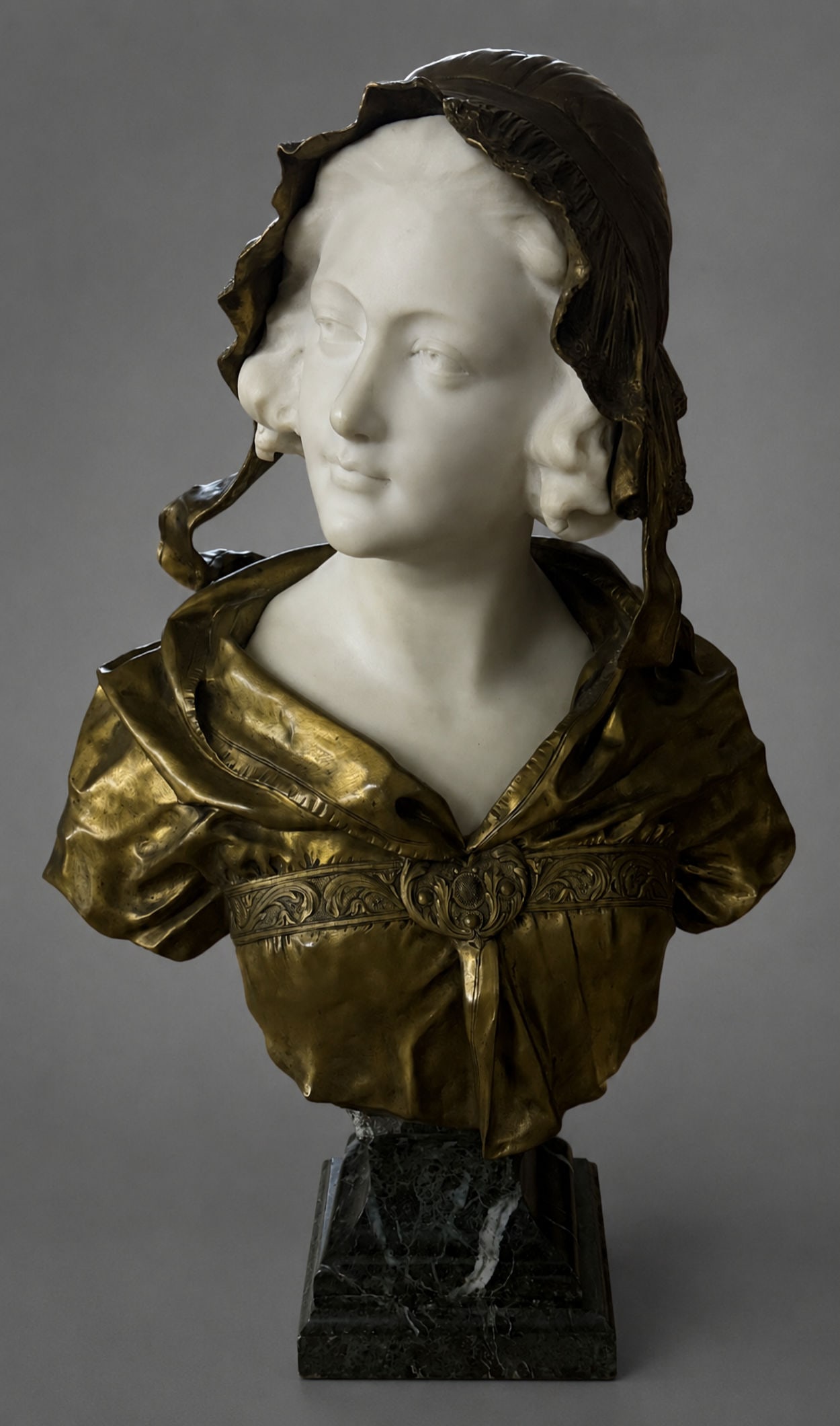BESSI MARBLE AND BRONZE BUST OF A LADY: BESSI, Affortunato, (Italian, 1895-1925): Bust of a Lady, Bronze and Marble