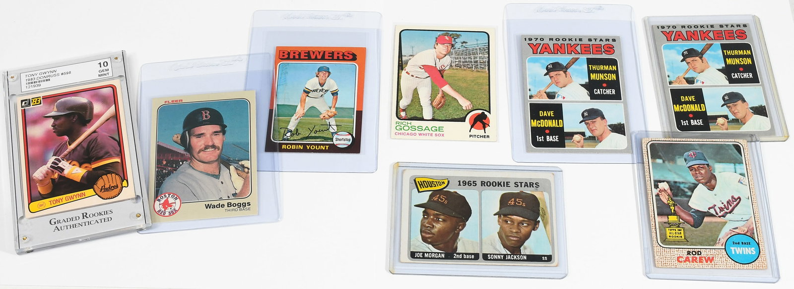 8PC. COLLECTIBLE BASEBALL TRADING CARD LOT: 8PC. COLLECTIBLE BASEBALL TRADING CARD LOT: 1) Tony Gwynn GRA Gem Mint 10 1983 Donruss Rookie Card, encased in plastic; 2) Joe Morgan Topps Rookie Card; 3) Rich “Goose” Gossage Rookie Card; 4)