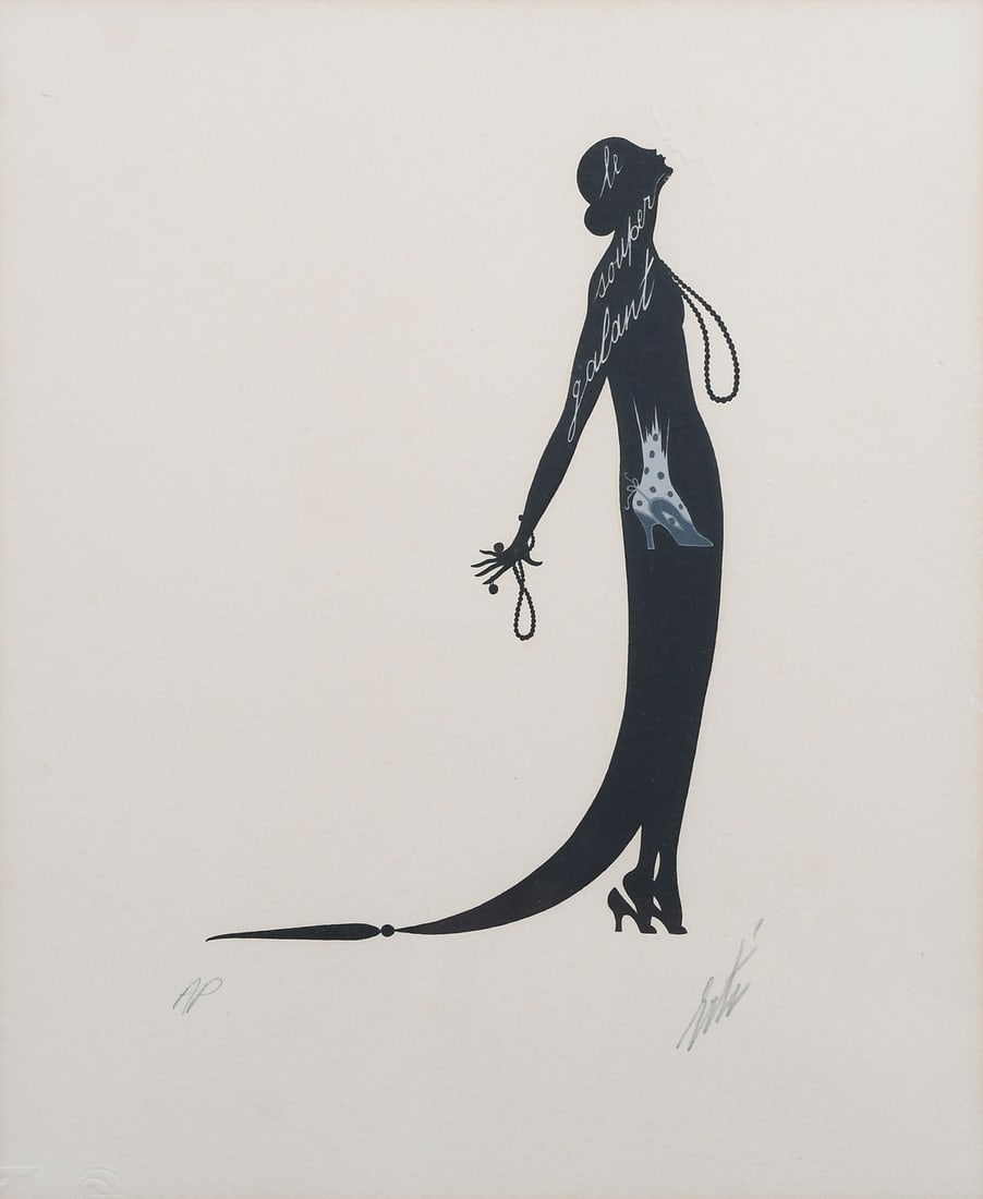 RARE ERTE ARTIST PROOF LITHOGRAPH: ERTE, (Russian/American,1892-1990): "Le Souper Galant", Artist Proof Lithograph with embossing, sight size 11.5" x 9.5", Pencil signed lower right, marked AP lower left, several blind stamps, framed, 