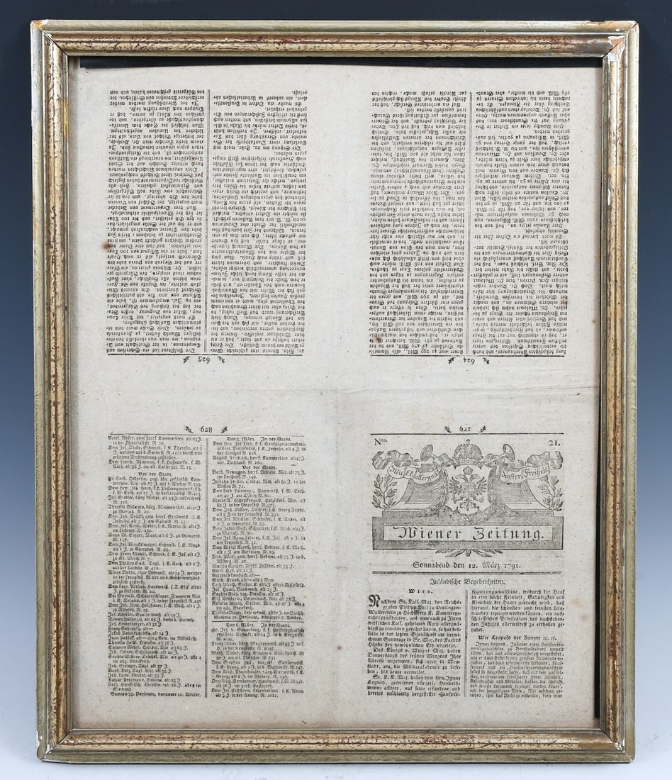 FRAMED 18TH CENTURY WIENER ZEITUNG NEWSPAPER PAGE (1 of 1)