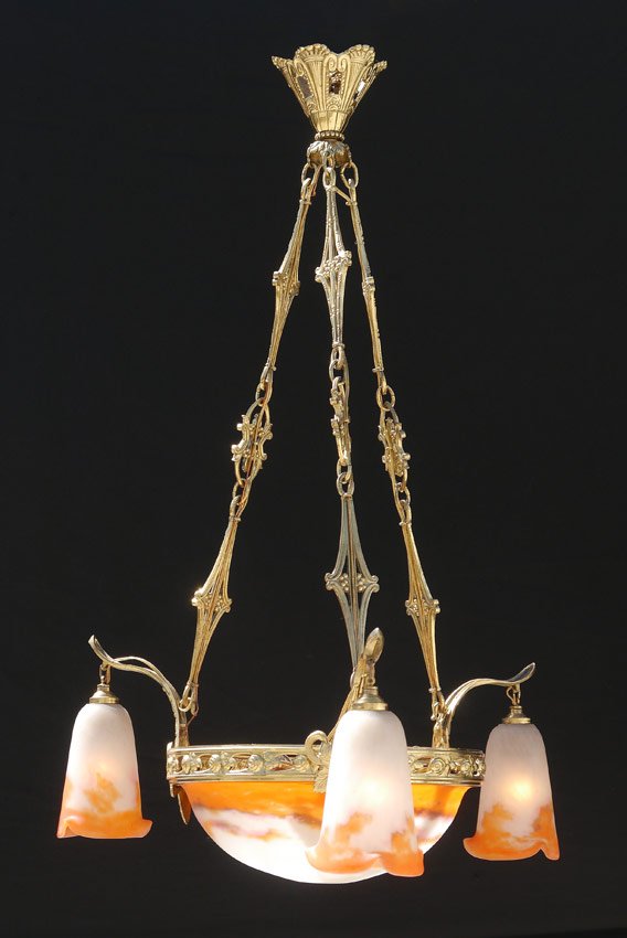 MULLER FRERES SIGNED ART GLASS CHANDELIER: FRENCH DECO MULLER FRERES SIGNED ART GLASS CHANDELIER: 3 light electric with brass frame and filigree supports. Central frosted glass bowl mottled white with orange and purples, 3 matching drop shades