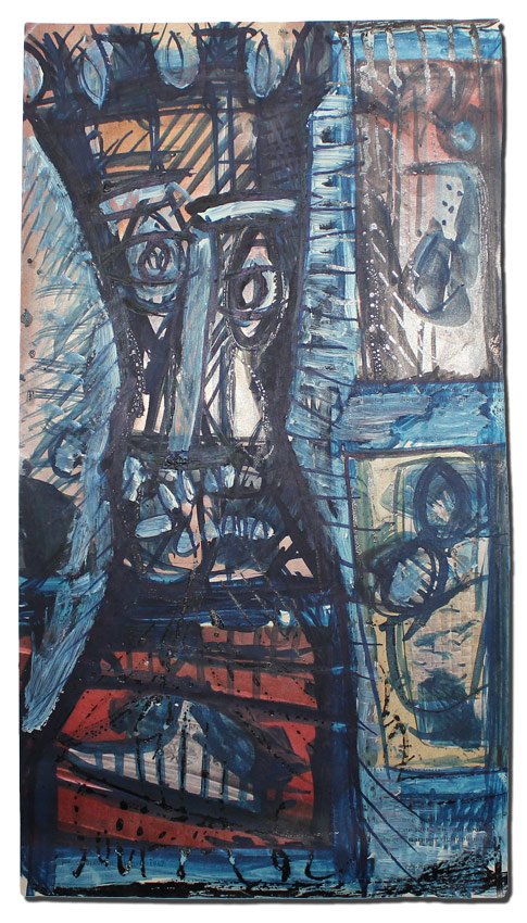 FRANCIS SOUZA CUBIST/ABSTRACT INTERIOR COMPOSITION: SOUZA, Francis Newton, (Indian, 1924-2002): Interior Scene with Cubist/Abstract Figure, Mixed Media on Magazine Paper, 12 1/2'' x 7'', signed lower left, dated '62, unframed.