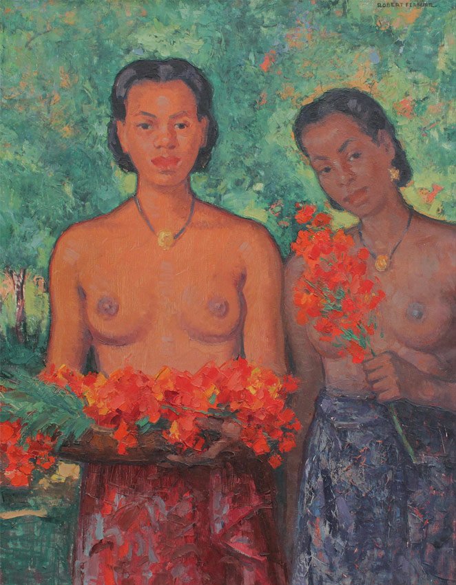 ROBERT FERNIER GAUGIN-LIKE PAINTING OF NUDES: FERNIER, Robert, (French, 1895-1977): "Fanolorana", Gaugin-Like Nudes in an Island Setting, Oil/Canvas, 32" x 25 1/2", signed upper right, also signed titled and dated 1959 verso, contemporary frame 3