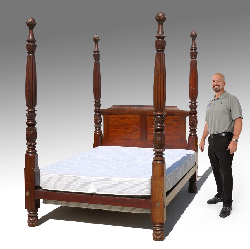 MID 19TH C CARVED 4 POSTER BED: MID 19TH C CARVED 4 POSTER BED: Carved acanthus leaf and fluted columns. Unmarked. Head and foot boards measure 87 1/4" h. x 60 1/2" x 5", inset frame 71 3/4" x 59 1/2" x 7 1/2".