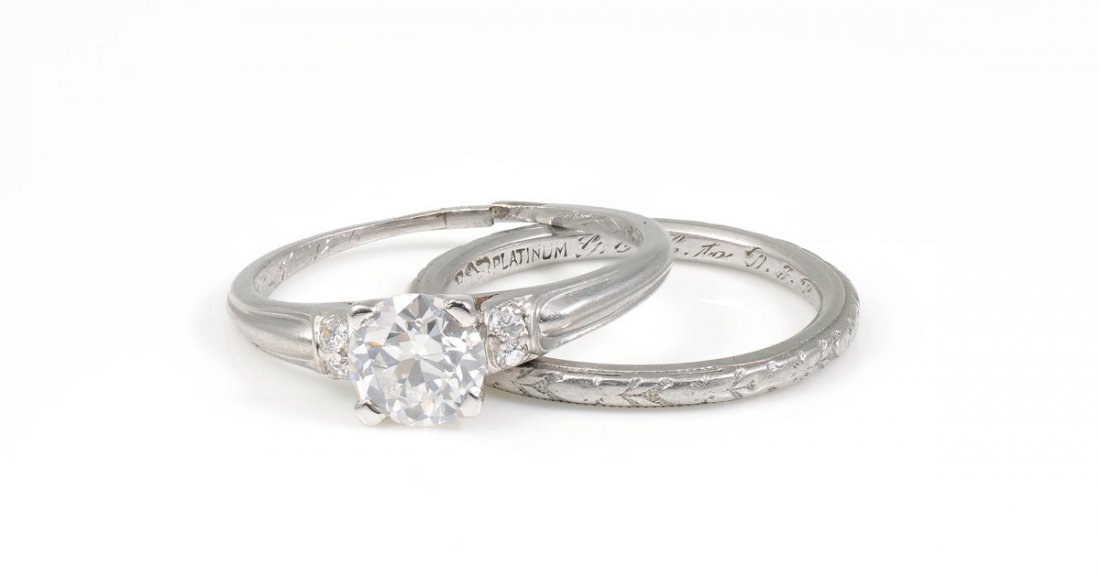 ART DECO PLATINUM DIAMOND BRIDAL SET RINGS SZ 5.5: PLATINUM ART DECO ENGAGEMENT BRIDAL SET: Platinum engagement ring and hand chased band. The single round transitional diamond is approx .70 Ct., VS2 clarity and G color. Besides the solitaire are 4 ro