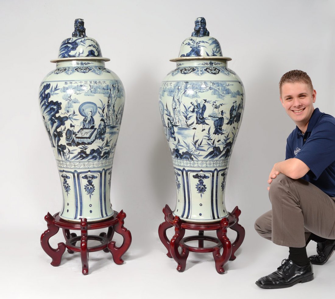 PAIR ORIENTAL BLUE & WHITE PALACE URNS