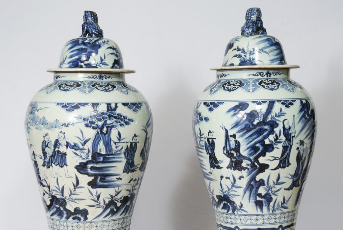 PAIR ORIENTAL BLUE & WHITE PALACE URNS - 2