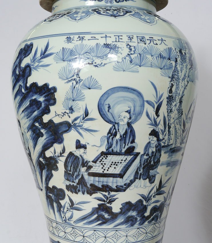 PAIR ORIENTAL BLUE & WHITE PALACE URNS - 3