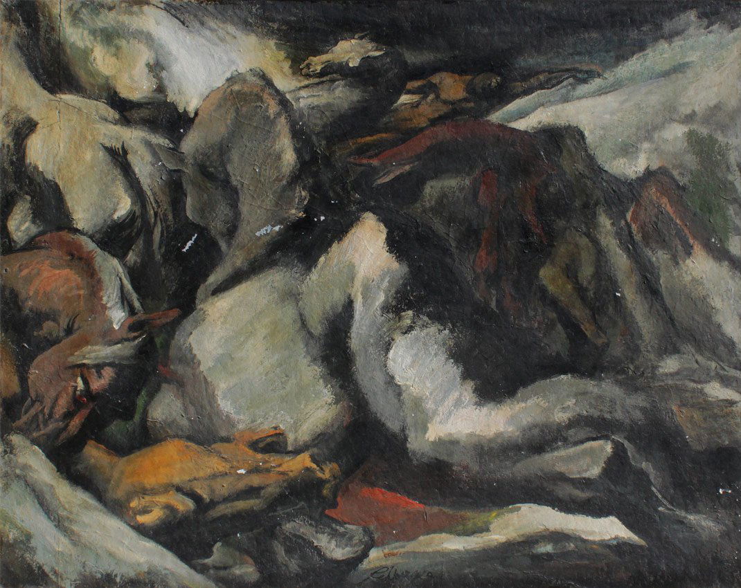 LG GUSTAV REHBERGER EXHIBIT EXPRESSIONIST PAINTING: REHBERGER, Gustav, (American, 1910-1995): "Deluge", Depicts a Volcanic Expressionist Scene with Nudes on Horseback in a Swarming Herd of Horses, Oil/Board, Sight size 40 1/4" x 50 3/4", signed in the