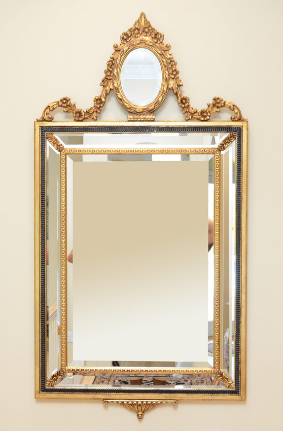 ETHAN ALLEN ITALIAN ROCOCCO GILT MIRROR: ETHAN ALLEN ITALIAN ROCOCCO WALL MIRROR: Beveled looking glass framed in beading and mirror panels. Carved and gilt wood. Made in Italy. 60 1/2" x 32".
