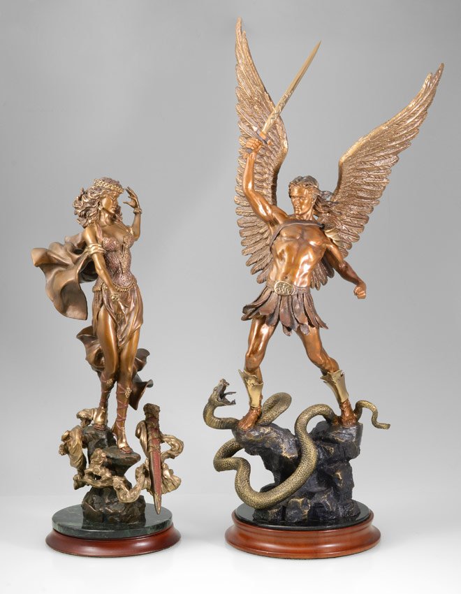 2 FRANKLIN MINT RELIGIOUS BRONZES: 2 FRANKLIN MINT RELIGIOUS BRONZES MICHAEL & MORGAN LEFAY: 1) "Michael, The Defender of God", by Ruth Thompson, Seal affixed under the wooden plinth, Franklin Mint Bronze seal in the base, 17 ½" h.; 2