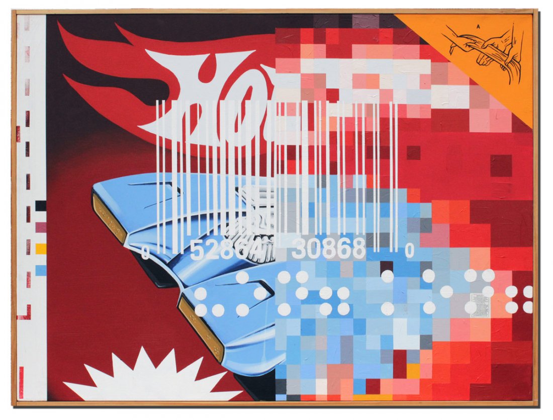 HOT WHEELS POP ART PAINTING BY WILLIAMS: "REPACKAGED TOY CAR", OIL/CANVAS, SIGNED WILLIAMS: 36" x 48", signed verso, dated 2001, Bahamas Shores Studio, encased in wooden frame 37" x 49 1/4".