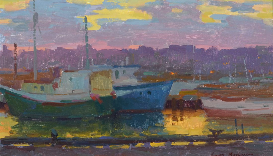 OVANES BERBERIAN DOCKSIDE URBAN SUNSET PAINTING: BERBERIAN, Ovanes, (American, 1951- ): Urban Dockside Painting at Sunset, Oil/Board, 9 1/2'' x 16'', signed lower right, encased in period carved and painted gesso frame with wear, 17 1/2'' x 24''.