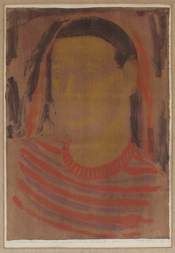 MAX KAHN LITHOGRAPH "YELLOW GAL": KAHN, Max, (American, 1902-2005): "Yellow Gal", Lithograph, 17 1/2" x 13 1/4", signed in pencil lower right, dated '38, titled lower left, inscribed "dedicated for my friend Peter Pollack", encased in