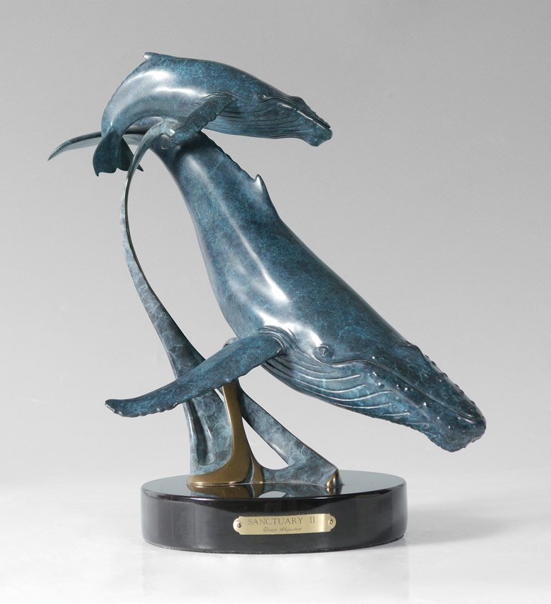 DEAN SHIPSTON WHALE BRONZE SCULPTURE: SHIPSTON, Dean, (American, 20th Century): "Sanctuary II, Mother Blue Whale & Calf, Patinated Bronze, 15" h., affixed to polished black stone base, affixed placard, incised signature dated '97, #'d 76/