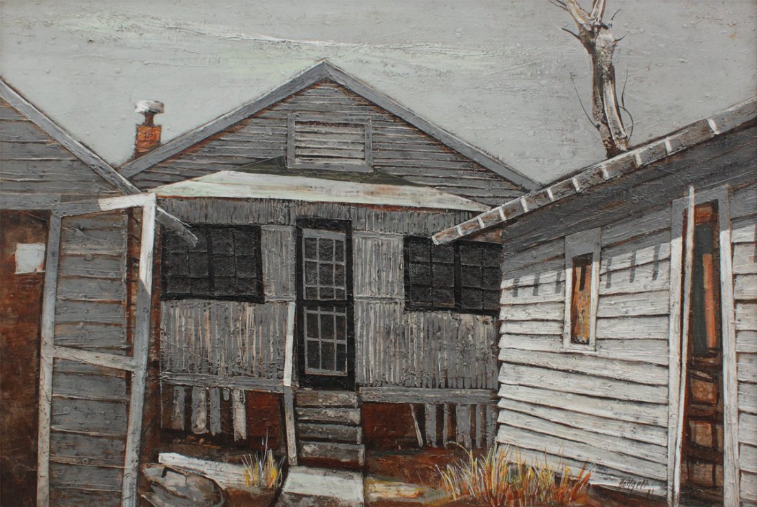 ROBERT HODGELL MIXED MEDIA ARTWORK FLORIDA SHACK: HODGELL, Robert Overman, (American, 1922-2000): Florida Weather Beaten Shack, Mixed Media Collage and Oil/Masonite, Sight size 23'' x 36'', signed lower right and dated '71, custom frame 27'' x 39 1/2