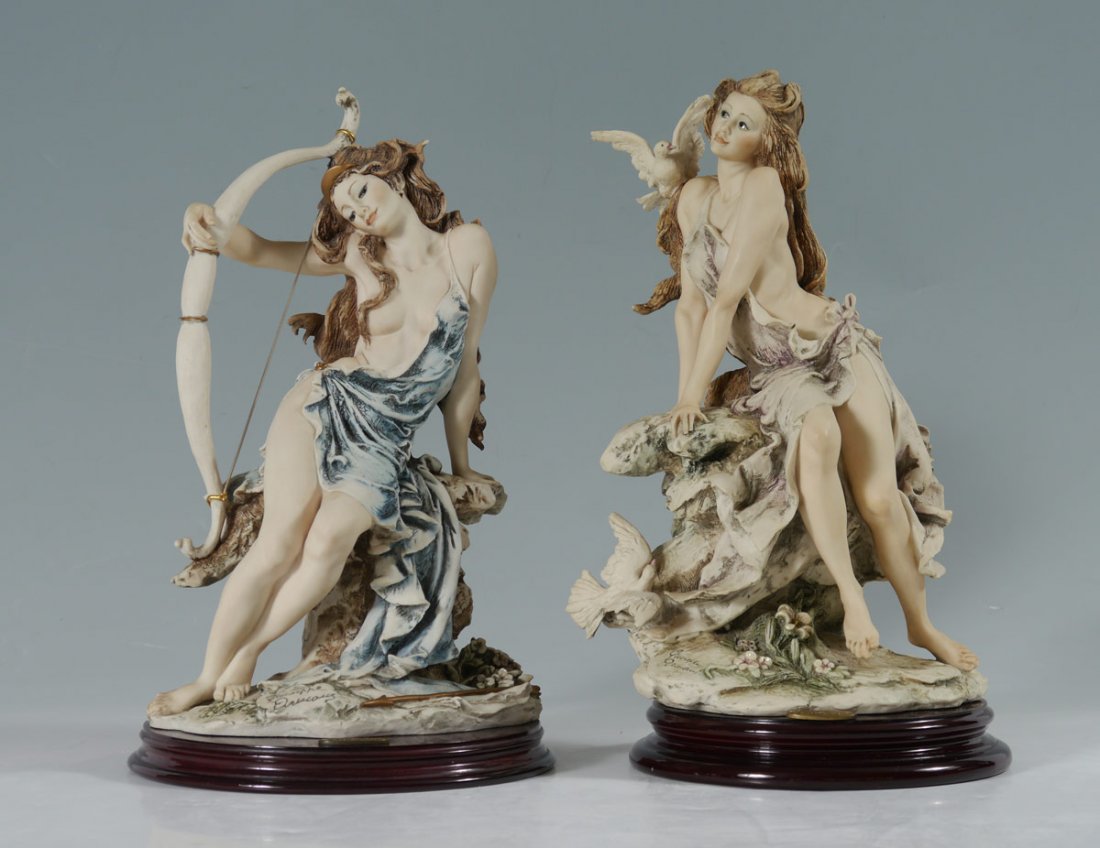2 ARMANI FIGURES MINERVA 0676C & DIANA 0677C: GIUSEPPE ARMANI FLORENCE SCULTURE d'ARTE FIGURINES: 1) ''MINERVA'' 0676C, approx. 13 1/2''h. x 7'' x 7''; and 2) ''DIANA'' 0677C, approx. 13'' x 8'' x 8''.