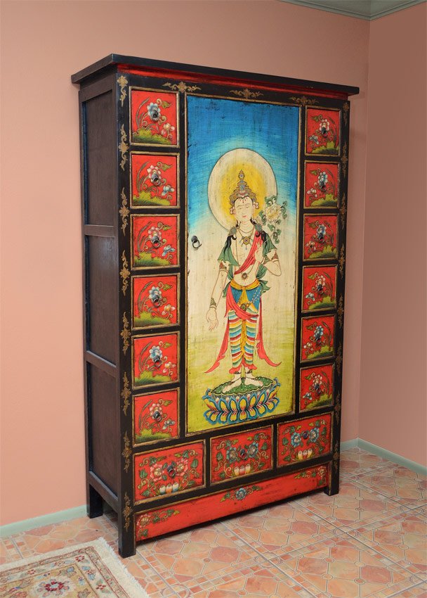 PAINTED DECORATED ASIAN MULTI DRAWER CUPBOARD: PAINT DECORATED ASIAN MULTI DRAWER CUPBOARD: Paint decorated all over with central door featuring standing Buddha holding lotus blossom. Door surrounded by 15 drawers, sides and below. Actual age unkn