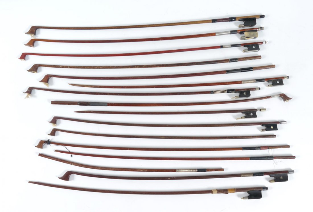 COLLECTION OF 16 VIOLIN BOWS: COLLECTION OF 16 VIOLIN BOWS: All in need of repair and re-hairing, to include Artis, Sivori, Bausch and 13 others unmarked.