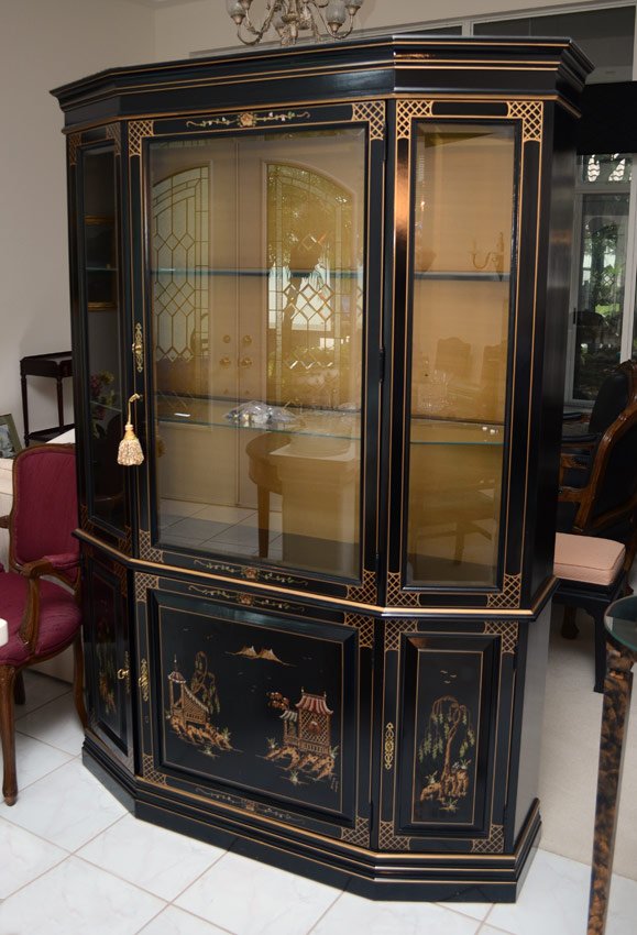 CHINESE STYLE BLACK LACQUER CHINA CABINET: CHINESE STYLE BLACK LACQUER CHINA CABINET: Black lacquer with chinoiserie decoration. Beveled glass top doors, signed Paul Meyer lower central door. Interior illumination, glass shelves. 78" h. x 54 1