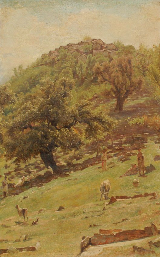 BARCLAY ITALIAN COUNTRYSIDE LANDSCAPE PAINTING: BARCLAY, Edgar, (British, 1842-1913): Italian Countryside with Village on a Hill, Shepherd, Sheep & Figures in a Meadow below, Oil/Canvas, 36" x 23 1/4", signed lower right, encased in period carved a