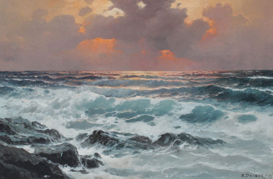 ALEXANDER DZIGURSKI SEASCAPE PAINTING: DZIGURSKI, Alexander A., (American, 1911-1995): Sunset Seascape, Oil/Canvas, 24" x 36", signed lower right, original painted frame measures 30" x 42", artist's stencil is stamped several times on the