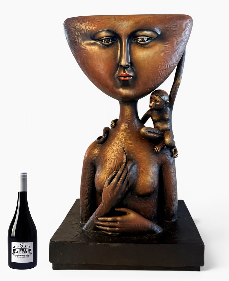 SERGIO BUSTAMANTE SURREALIST BRONZE SCULPTURE: BUSTAMONTE, Sergio, (Mexican, b. 1949): "The Woman Who Had A Broken Heart", Surreal Female Figure with a Monkey Perched on her Shoulder, Bronze, 32" in height, signed on the base and numbered 7/100.
