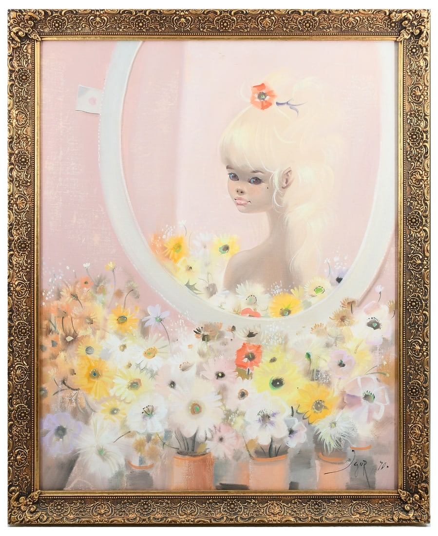 IGOR PANTUHOFF GIRL WITH YELLOW FLOWERS PAINTING: PANTUHOFF, Igor, (Russian/American, 1911-1972): Portrait of a Girl in a Mirror Surrounded by Yellow Flowers, Oil/Canvas, 30" x 24", signed lower right and dated '70, gilded frame, 33.5" x 27.5".