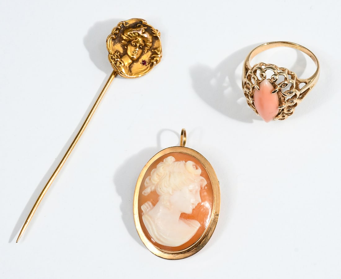 3PC. 14K GOLD CAMEO, STICK PIN AND CORAL RING (1 of 4)