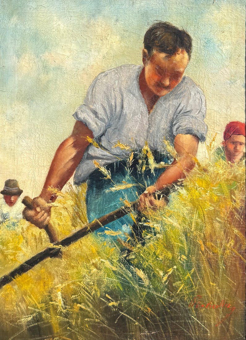 ILLEGIBLY SIGNED PAINTING OF WORKERS MOWING A FIEL (1 of 4)