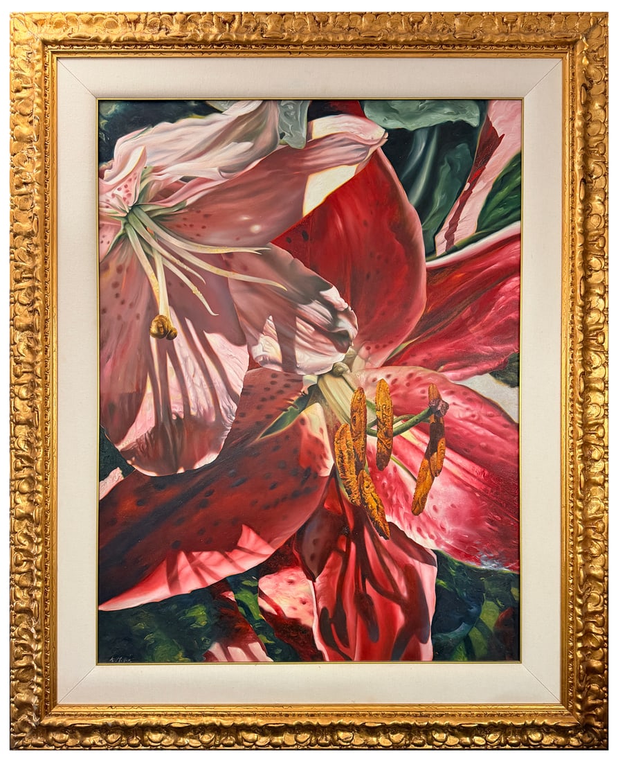 LARGE KEITH MILLER PHOTOREALISTIC PAINTING OF LILI: MILLER, Keith, (Canadian, b. 1949): Photorealistic Closeup of Lilies, Oil/Canvas, 48" x 36", signed lower left, immaculate gilded and carved frame, 62" x 50".