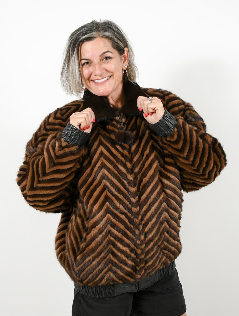 CHEVRON STRIP MINK BLACK LEATHER REVERSIBLE JACKET (1 of 3)