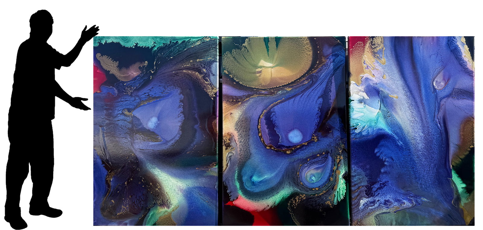 ELAN VITAL ABSTRACT TRIPTYCH: VITAL, Elan, (American, 20th/21st Century): Abstract Composition with Space-Like Atmosphere and Galaxy-Like Shapes, Oils/Canvas, each panel measures 60" x 40", unframed. One panel is signed verso and