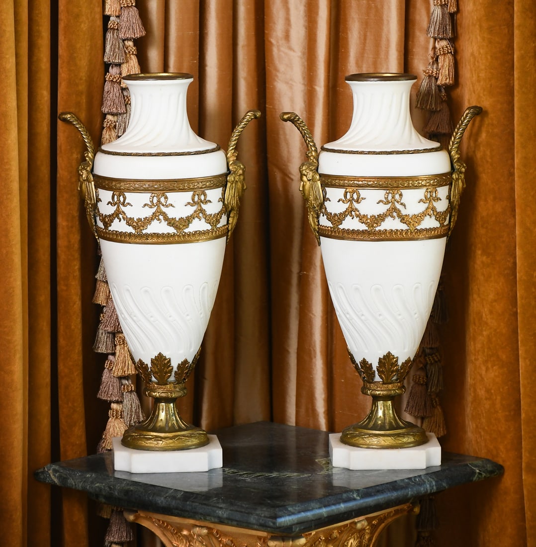 PR. FRENCH METAL MOUNTED BISQUE PORCELAIN URNS (1 of 5)