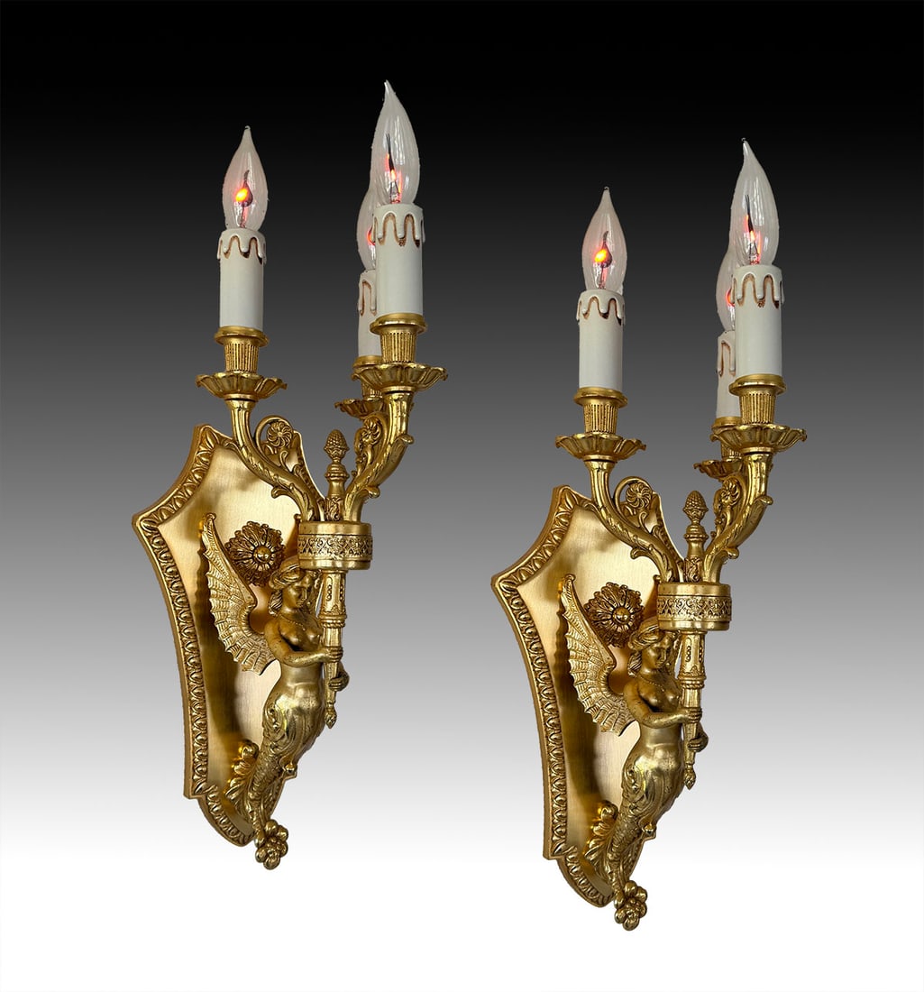 PR. GILT BRONZE WINGED MAIDEN WALL SCONCES (1 of 3)
