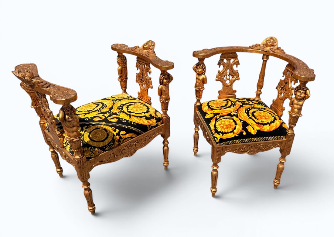 2 PC. VERSACE VANITAS CARVED GILT CHERUB CHAIRS (1 of 6)